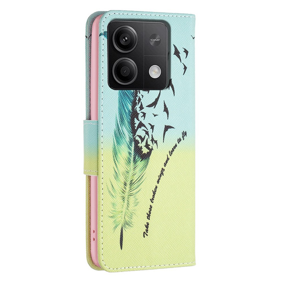 Откидной чехол для Xiaomi Redmi Note 13 5G, Wallet, Feather синий / жёлтый