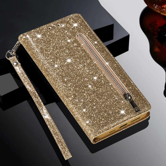 Откидной чехол для Samsung Galaxy A36 5G, Wallet Zipper Pocket Glittery, золотой