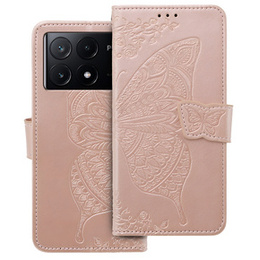 Чохол-книжка для Xiaomi Poco F6 Pro, Butterfly, рожевий rose gold