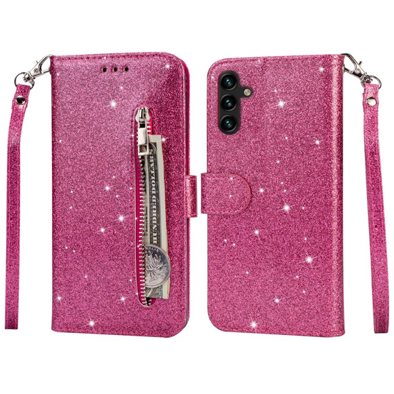 Откидной чехол для Samsung Galaxy A35 5G, Wallet Zipper Pocket Glittery, розовый