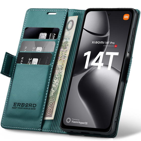 Чохол для Xiaomi 14T Pro, ERBORD Glossy Litchi, гаманець з клапаном, зелений