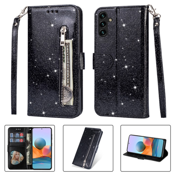 Откидной чехол для Samsung Galaxy A35 5G, Wallet Zipper Pocket Glittery, чёрный