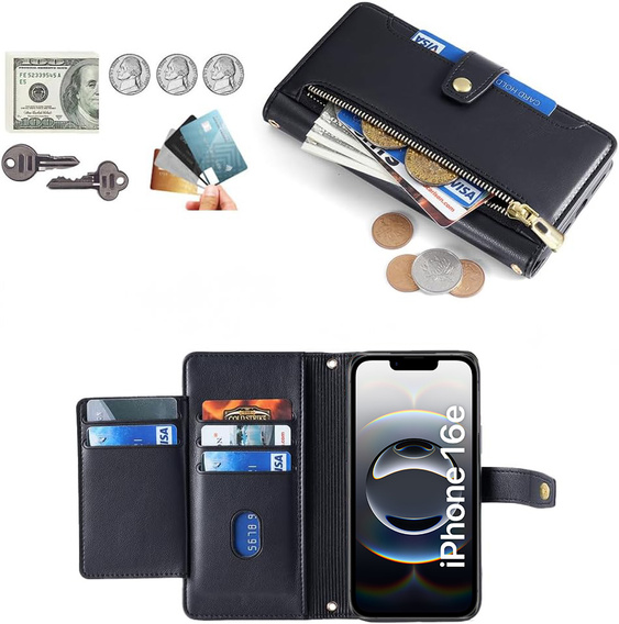 Откидной чехол для iPhone 16E, Wallet Zipper Pocket, чёрный