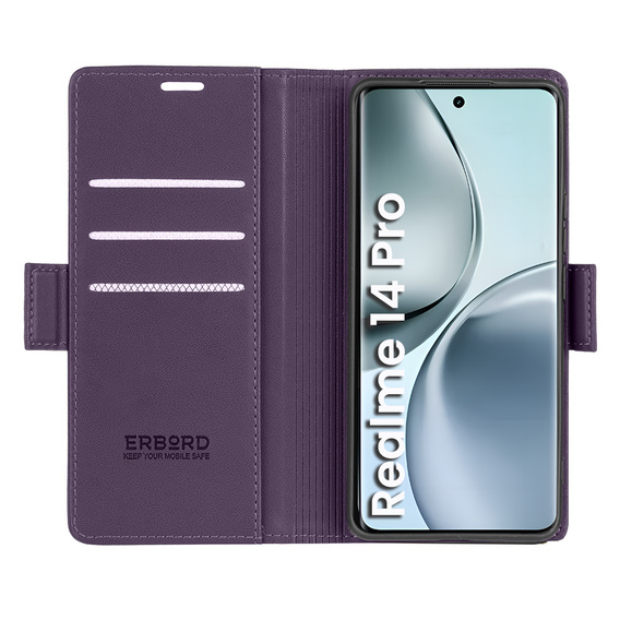 Чехол для Realme 14 Pro 5G, ERBORD Glossy Litchi, кошелек с клапаном, фиолетовый