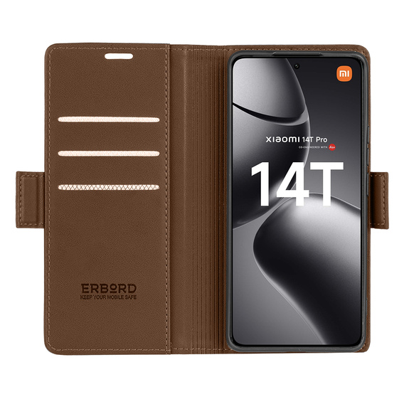 Чехол для Xiaomi 14T Pro, ERBORD Glossy Litchi, кошелек с клапаном, коричневый