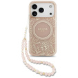 Чехол Guess IML Flowers Electroplated Allover With Beads Strap, для MagSafe, с ремешком для iPhone 17 Pro