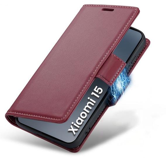 Чехол для Xiaomi 15, ERBORD Glossy Litchi, кошелек с клапаном, красный