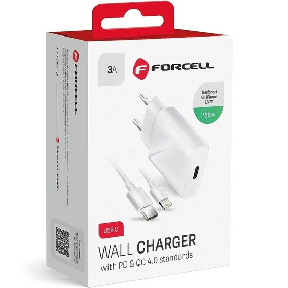 Зарядное устройство  Forcell 20W PD/QC4.0 + Кабель Type-C - Lightning, White