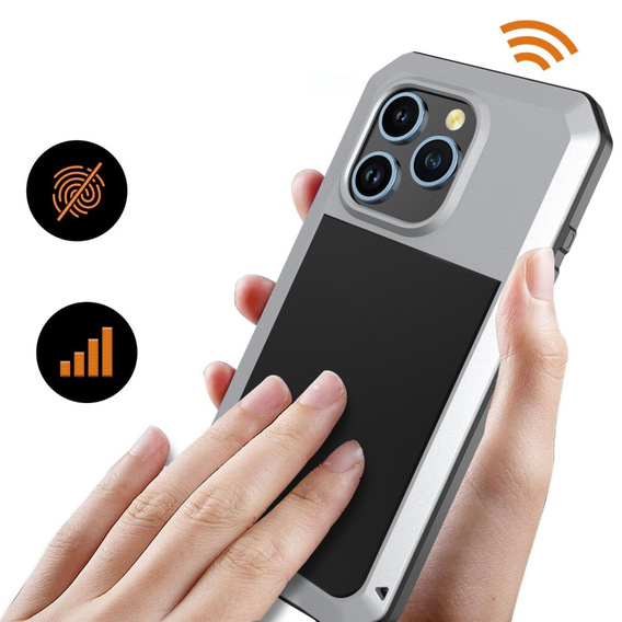 Чехол для iPhone 15 Pro Max, бронированный, со встроенным стеклом, серебряный