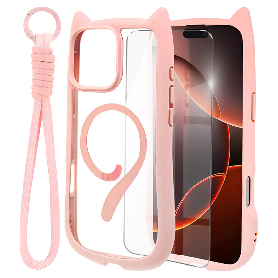 Чехол для iPhone 16 Pro, для MagSafe, Cute Cat, розовый + стекло для экрана