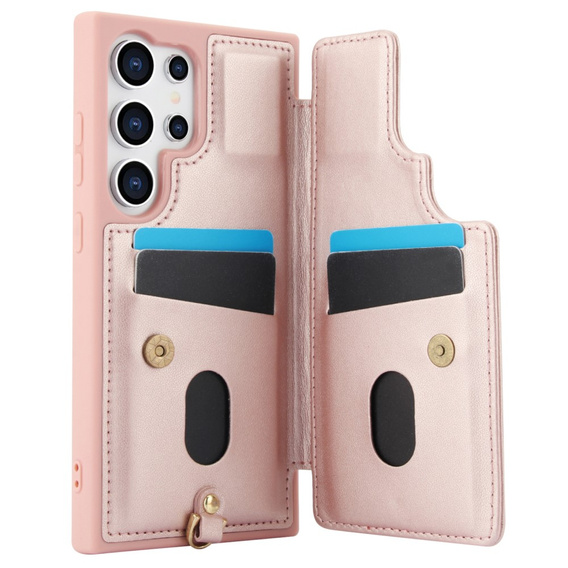 Чехол для Samsung Galaxy S25 Ultra, Leather Flower Card Slot, розовый