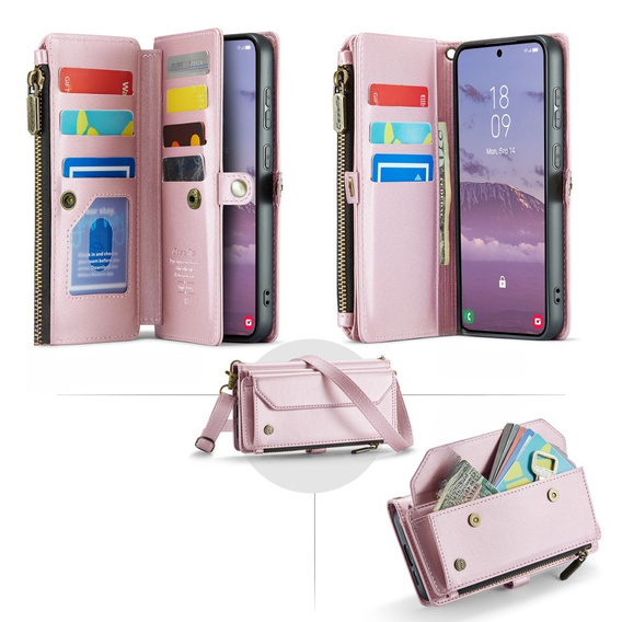 Чохол CASEME для Samsung Galaxy S24 FE, RFID Leather Wallet з плечовим ременем, рожевий