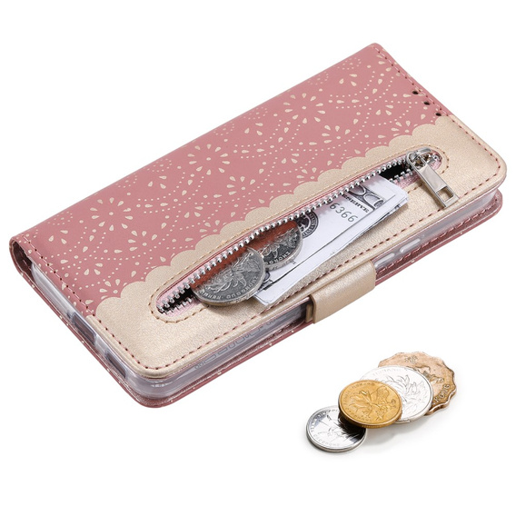 Чохол-кришка для Samsung Galaxy S22+ Plus 5G, Wallet Pocket Zipper Lace, рожевий