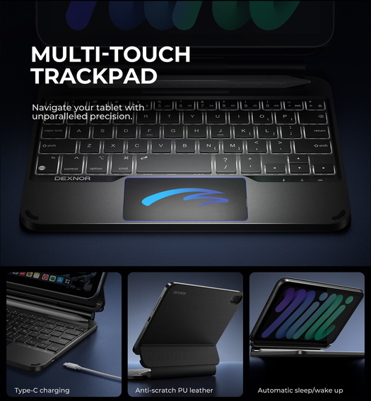Чехол с клавиатурой для iPad mini 8,3" 2021 (6 поколение) / iPad mini 8,3" 2024 (7 поколение), Dexnor Magnetic Keyboard Touchpad, черный