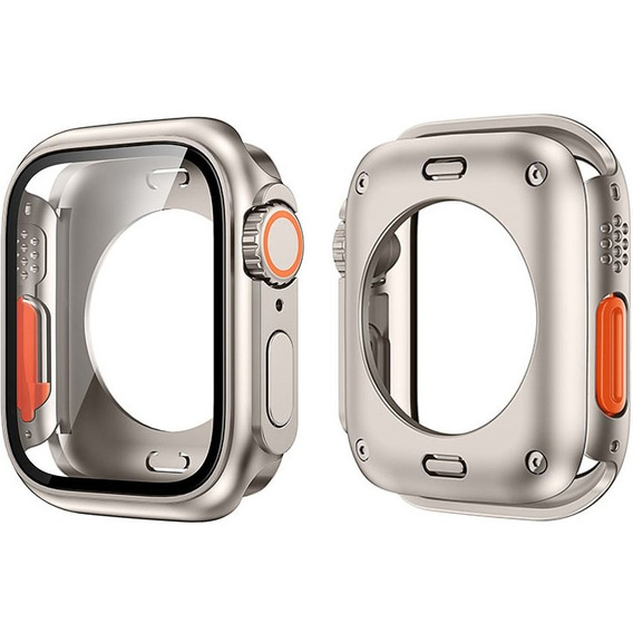 2в1 чехол и защитное стекло для часов Apple Watch 7/8 45MM, Titanium Gold/Orange