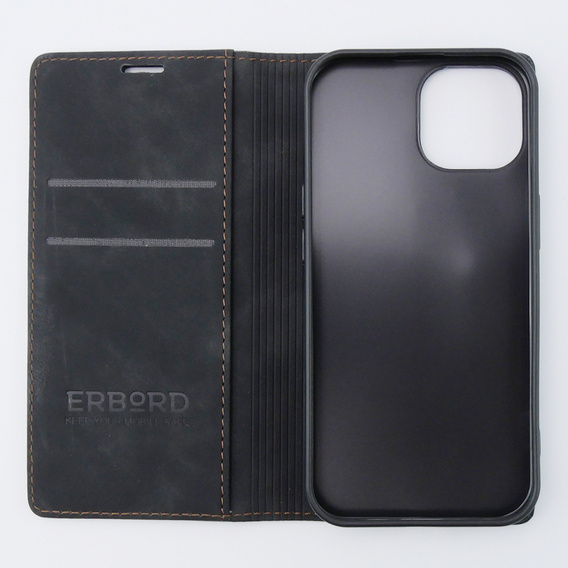 Чехол для iPhone 15, ERBORD Vintage, бумажник с клапаном, чёрный