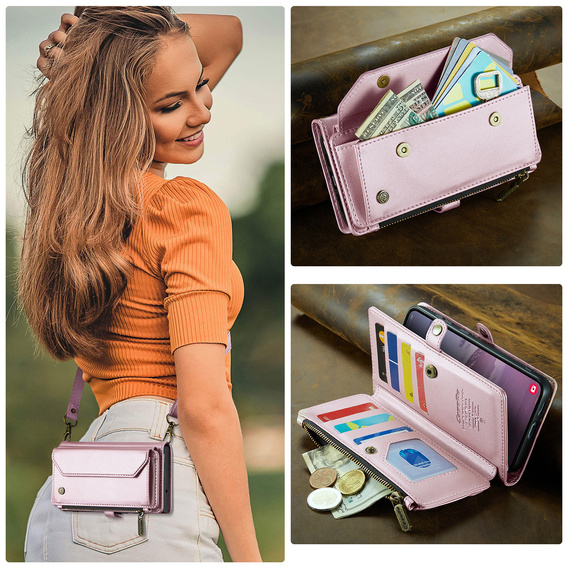 Чехол CASEME для Samsung Galaxy S25 FE, RFID Leather Wallet, с плечевым ремнем, розовый
