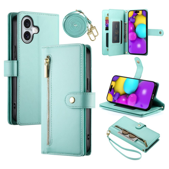 Откидной чехол для iPhone 16 Plus, Wallet Zipper Pocket, зелёный