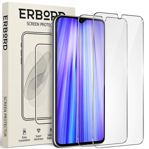 2x Загартоване скло для Xiaomi Redmi Note 8 Pro, ERBORD 9H Hard Glass на екрані