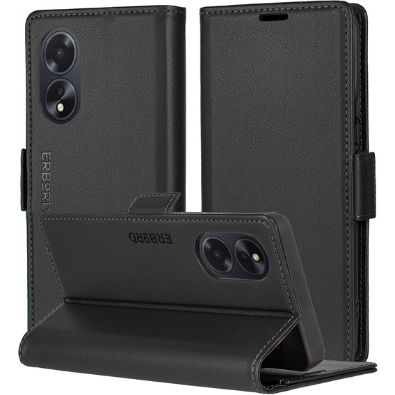 Чехол для Oppo A18 4G / A38 4G, ERBORD Glossy Litchi, кошелек с клапаном, чёрный