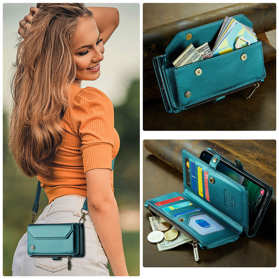 Чехол CASEME для Samsung Galaxy S25 FE, RFID Leather Wallet, с плечевым ремнем, зелёный