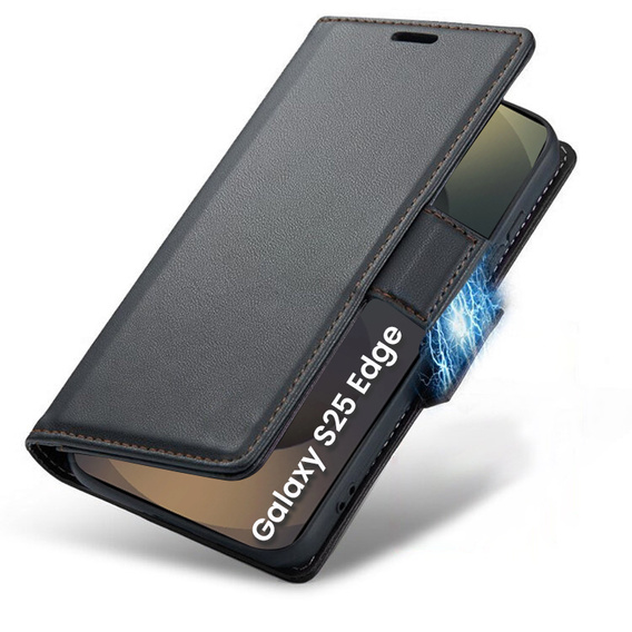 Чохол для Samsung Galaxy S25 Edge, ERBORD Glossy Litchi, гаманець з клапаном, чорний