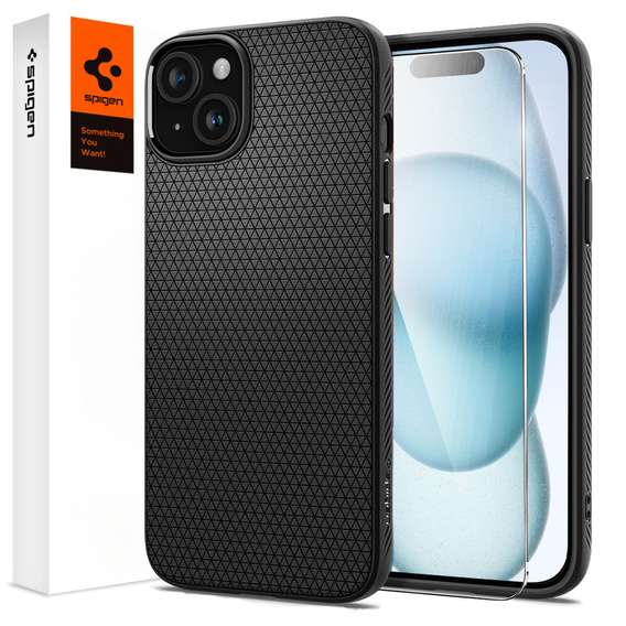 Чехол Spigen для iPhone 15, Liquid Air, чёрный + закаленное стекло 9H