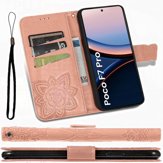 Чохол-книжка для Xiaomi Poco F7 Pro, Butterfly, рожевий rose gold