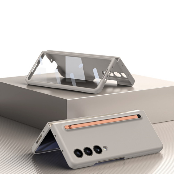 Чохол для Samsung Galaxy Z Fold 4 5G, зі склом та стилусом, сірий / рожевий