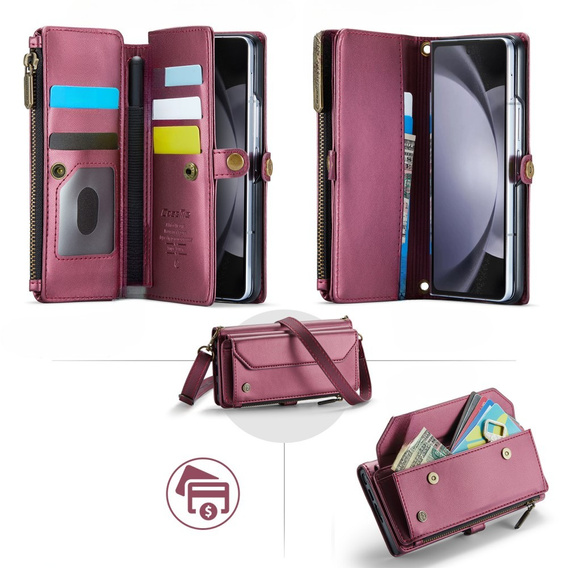 Чехол CASEME для Samsung Galaxy Z Fold6 5G, RFID Leather Wallet, с плечевым ремнем, красный