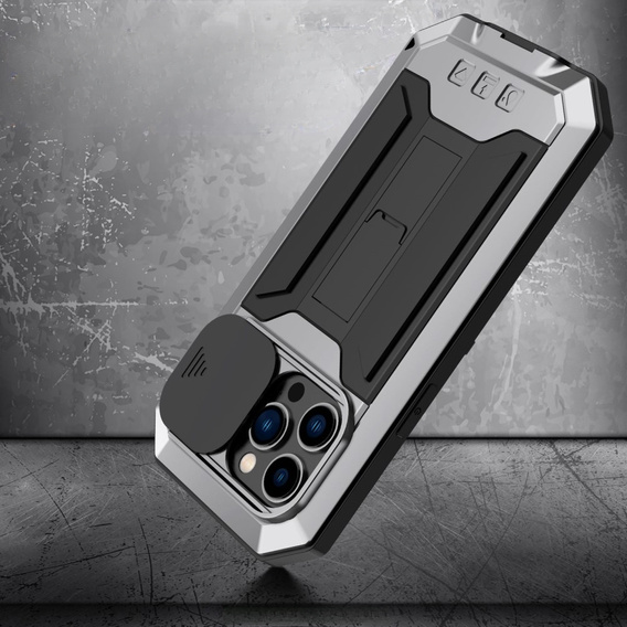 Чохол для iPhone 14 Pro, R-JUST CamShield Slide, броньований, сріблястий / чорний