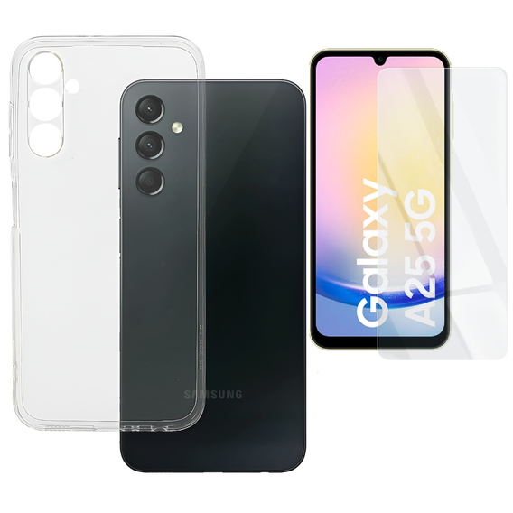 Тонкий чехол для Samsung Galaxy A25, прозрачный + 9H стекло