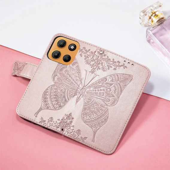 Откидной чехол для Motorola Moto G15 / Motorola Moto G15 Power, Butterfly, розовый rose gold