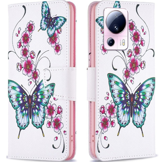Откидной чехол для Xiaomi 13 Lite, Wallet, butterfly & flowers, белый