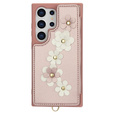 Чохол для Samsung Galaxy S24 Ultra, Leather Flower Card Slot, рожевий