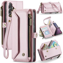 Чехол CASEME для Samsung Galaxy S25 FE, RFID Leather Wallet, с плечевым ремнем, розовый