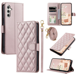 чехол-крышка для Samsung Galaxy S25 FE, Rhombus Crossbody Leather, розовый rose gold