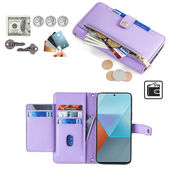 Откидной чехол для Xiaomi Redmi Note 13 Pro 5G, Wallet Zipper Pocket, фиолетовый