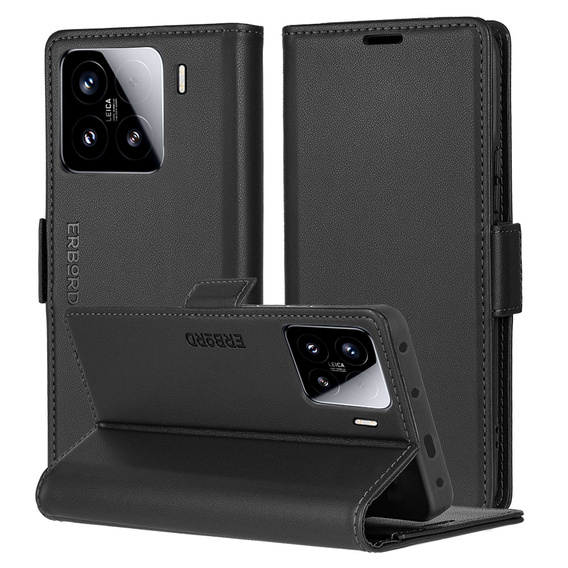 Чехол для Xiaomi 15, ERBORD Glossy Litchi, кошелек с клапаном, чёрный