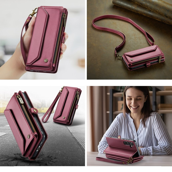 Чехол CASEME для Samsung Galaxy A55 5G, RFID Leather Wallet, с плечевым ремнем, красный