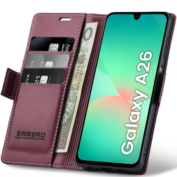Чохол для Samsung Galaxy A26, ERBORD Glossy Litchi, гаманець з клапаном, червоний