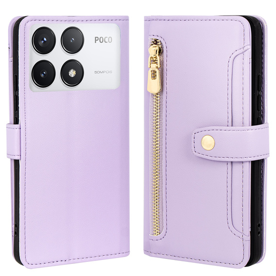 Откидной чехол для Xiaomi Poco F6 Pro, Wallet Zipper Pocket, фиолетовый