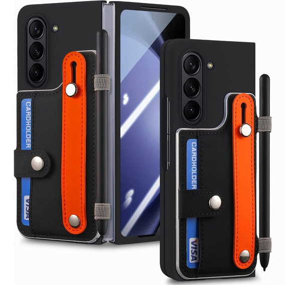 Чохол для Samsung Galaxy Z Fold 5 5G, з підставкою, склом та стилусом, шкіряний, чорний