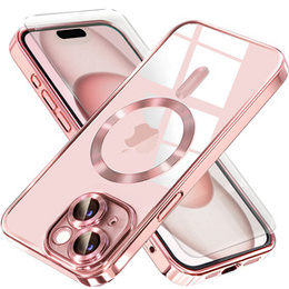 Чехол для iPhone 15, Electro MagSafe, розовый + стекло для экрана