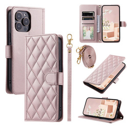 чехол-крышка для iPhone 16 Pro Max, Rhombus Crossbody Leather, розовый rose gold