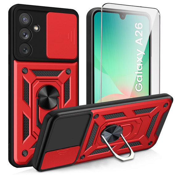 Бронированный чехол для Samsung Galaxy A26, CamShield Slide, красный + закаленное стекло 9H