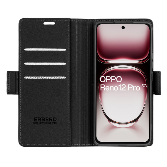 Чехол для Oppo Reno 12 Pro, ERBORD Glossy Litchi, кошелек с клапаном, чёрный