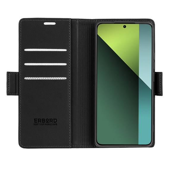 Чохол для Xiaomi Redmi Note 13 Pro 5G, ERBORD Glossy Litchi, гаманець з клапаном, чорний