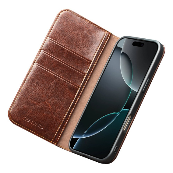 Флип-кейс QIALINO из натуральной коровьей кожи для iPhone 17 Pro Max, коричневый