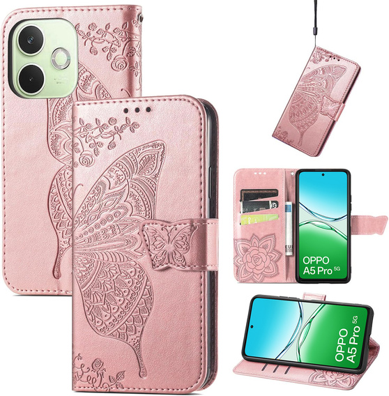 Откидной чехол для Oppo A5 Pro 5G, Butterfly, розовый rose gold